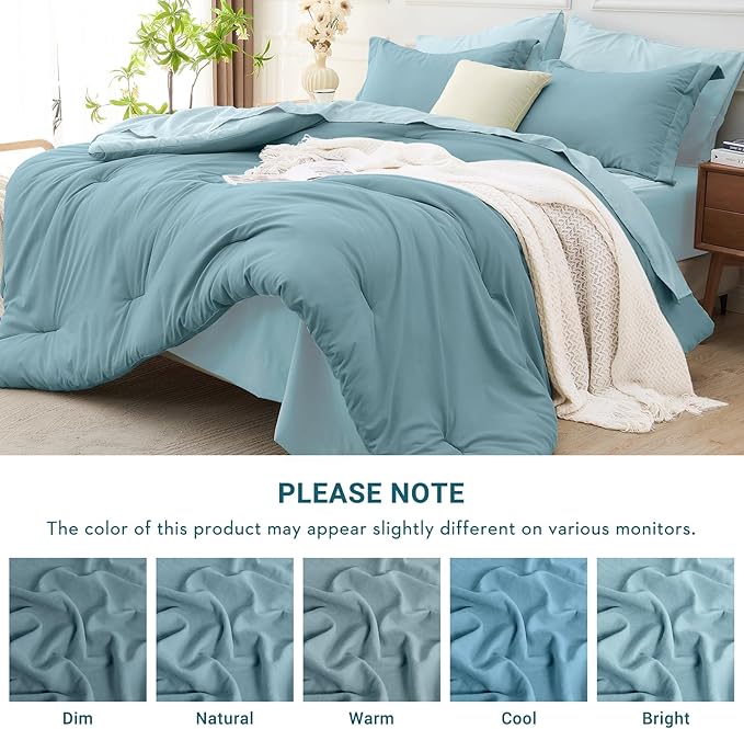 MUXHOMO 7 Pieces Queen Comforter Set, Soft Bed in a Bag Queen Size, All Season Bedding Set with Comforter, Flat Sheet, Fitted Sheet, Pillowcases & Shams, Mineral Blue & Light Blue