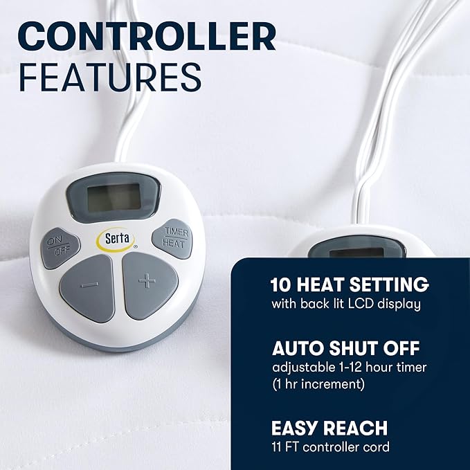 Serta Heated Mattress Pad King Size - Electric Mattress Pad, 10 Heat Setting Controller, Auto Shut Off Timer, Deep Elastic Pocket, Up to 17" Mattress, ETL Certified, Machine Wash, King, White