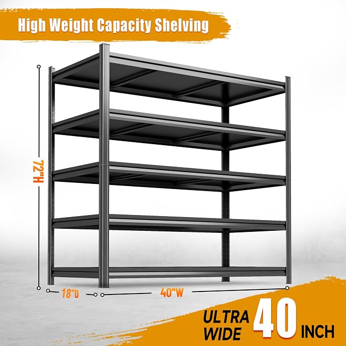 72''H × 40''W Garage Shelving, 5 Tier Heavy Duty Shelving, 2500 lbs Capacity Garage Storage Shelves, Industrial Shelves with Thickened Double-Layer Posts for Garage, Warehouse, Basement,Black - Image 2