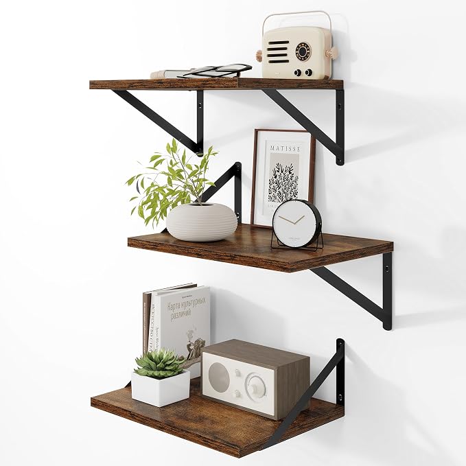 Deep Floating Shelves for Wall, 12 Inch Deep Floating Shelves Set of 3, 16W x 12D Wood Wall Shelves, Wide Wood Shelves with Metal Bracket for Living Room, Kitchen, Office, Bedroom - Rustic Brown by Heimlove