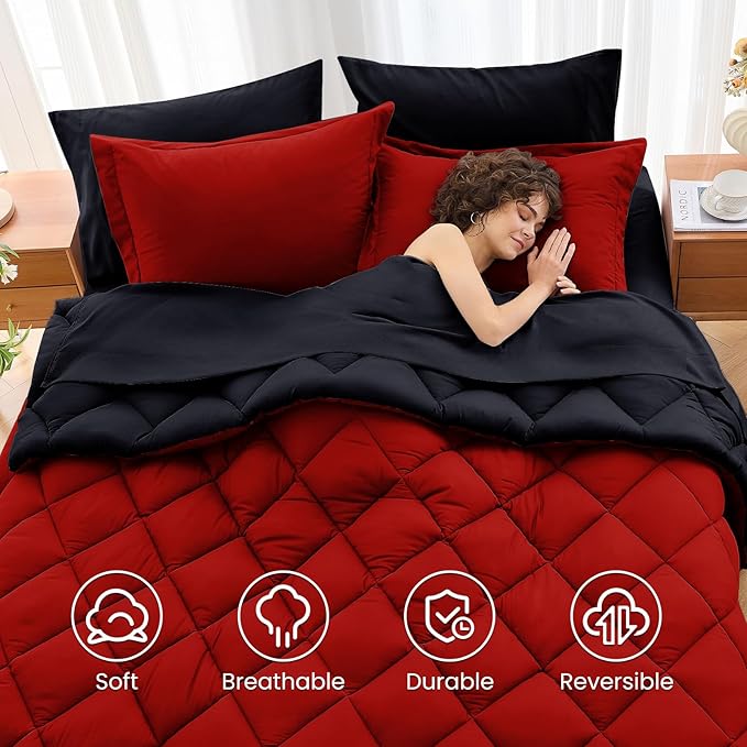 MUXHOMO 7 Pieces Oversized King Comforter Set, Reversible Bed in a Bag Oversized King Size, All Season Bedding Set with Comforter, Flat Sheet, Fitted Sheet, Pillowcases & Shams, Red & Black