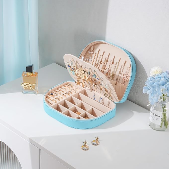 ProCase Travel Size Jewelry Box, Large Portable Seashell-Shaped Jewelry Case, 2 Layer Jewelry Organizer in PU Leather for Women -Blue - Image 2