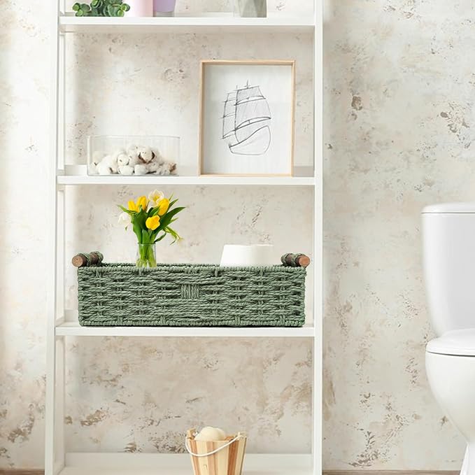 Round Paper Rope Storage Basket Wicker Baskets for Organizing with Handle Decorative Storage Bins for Countertop Toilet Paper Basket for Toilet Tank Top Small Baskets , Green - Image 4