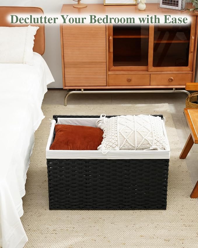 SETVSON Storage Basket with Lid Wicker Baskets for Storage with 2 Separate Lid 42.3 Gallon (160 L) 29.9 x 17.3 x 18.1 Inches Rattan Woven Large Wicker Basket with 2 Liners for Bedroom Laundry Black - Image 7