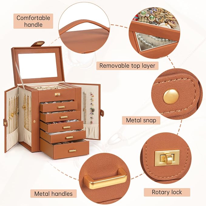 AKOZLIN Jewelry Box Organizer Functional Leather Jewelry Storage Case for Women Girls Ring Necklace Earring Bracelet Holder Organizer with Mirror - Image 4