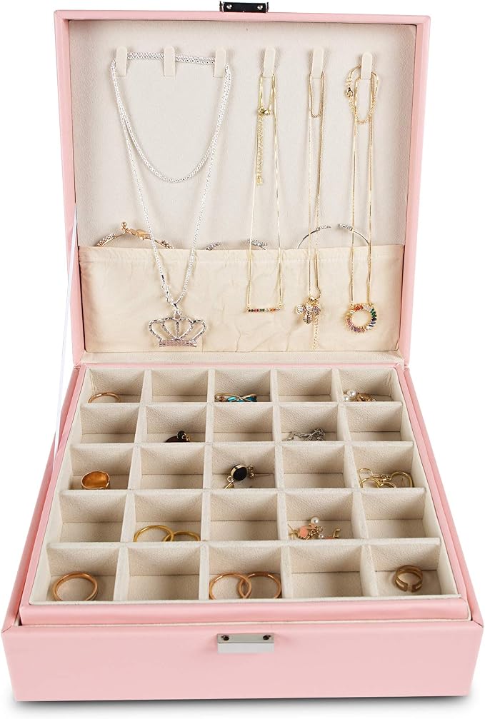 Frebeauty Earring Organizer Classic Jewelry Box 50 Slots Double Layer Jewelry Storage Case with 6 Necklace Hook and Bracelet Pocket(Pink) - Image 2