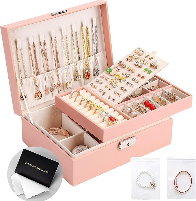 Jewelry Organizer Box, Leather Jewelry Box for Girls Gift Earring Organizer with Lock Double Layers Jewelry Case Removable Tray for Necklace Earring Ring with Polishing Cloth and Jewelry Bags by SANIKEON