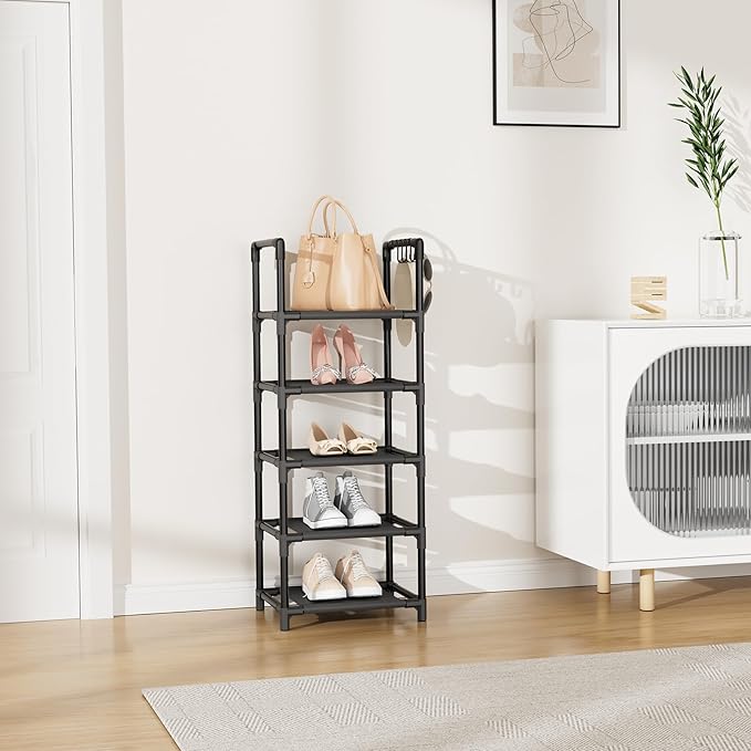 LANTEFUL Narrow Shoe Rack 5 Tier Shoe Shelf Storage for 5-10 Pairs Shoe and Boot, Sturdy Shoe Storage Space Saving Corner Shoe Rack Organizer for Closet, Entryway, Living Room, Black - Image 2