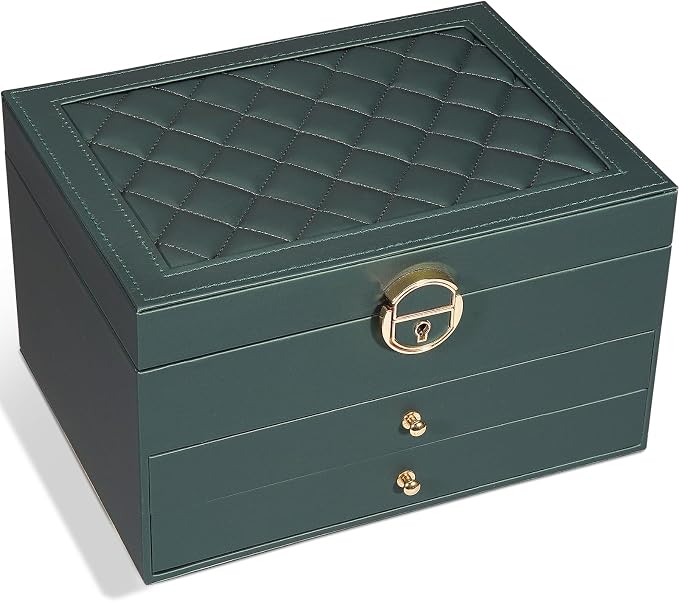 GUOER Jewelry Box for Women Girl Wife 3 Layers Large PU Leather Jewelry Organizer Storage Case with Two drawers Display for Earrings Bracelets Rings Watches (Hunter Green) by GUOER