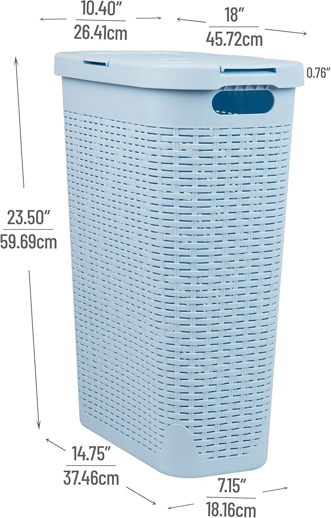 Mind Reader Slim Laundry Hamper with Lid, 40L Clothes Basket, Narrow Tapered Design with Ventilated Cutout Pattern, Plastic, Baby Blue - Image 3