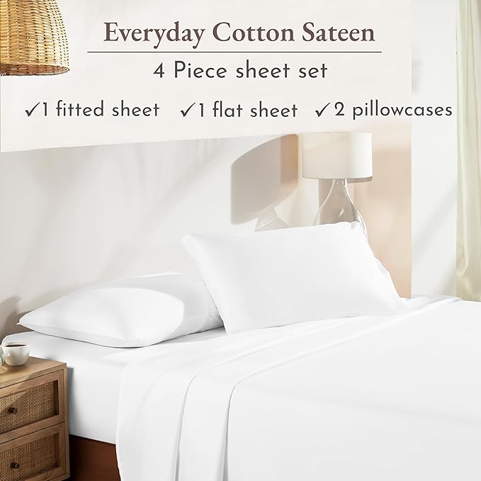 California Design Den Natural 100% Cotton Sheets Full Size Bed Set with Deep Pockets - Soft Sateen Weave, Durable Full Size Bed Sheets (White)