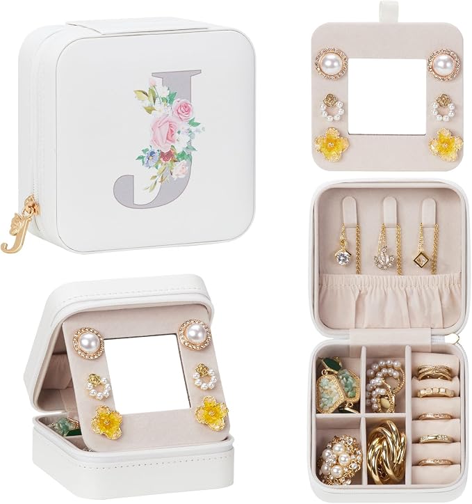 Enthralite Travel Jewelry Box for Girls: Traveling Jewelry Case Gift for Women - Mini Organizer for Necklaces Earrings White J by Enthralite