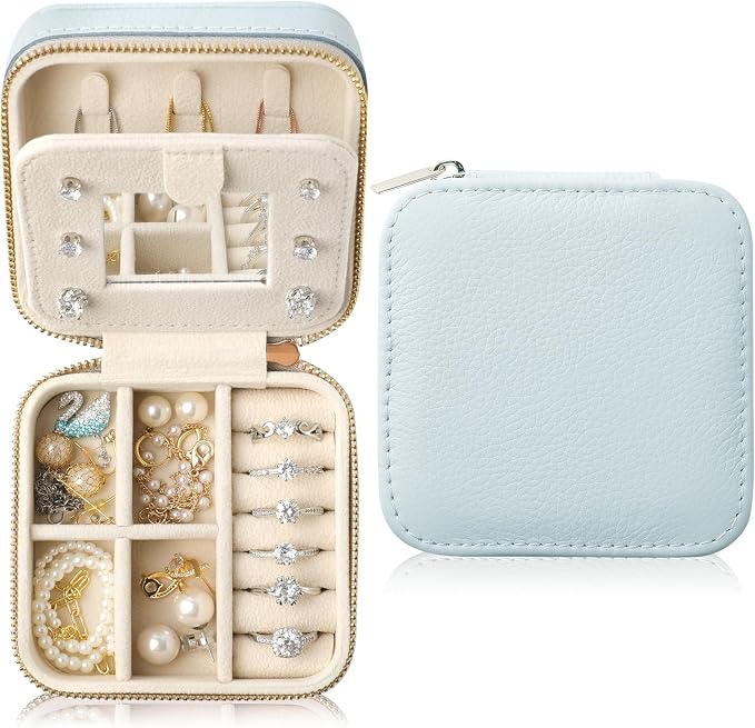 Genuine Leather Travel Jewelry Case Organizer with Mirror for Women, Small Jewelry Box Portable Mini Jewelry Case for Earring, Ring, Necklace, Bracelet（Lychee Grain Blue） by NGVRC