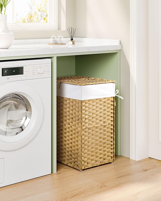 GREENSTELL Laundry Hamper with Lid, 60L Clothes Hamper with 2 Removable Liner Bags & 2 Mesh Laundry Bags, Handwoven Synthetic Rattan Laundry Basket for Clothes, Toys in Bathroom, Bedroom Natural - Image 8
