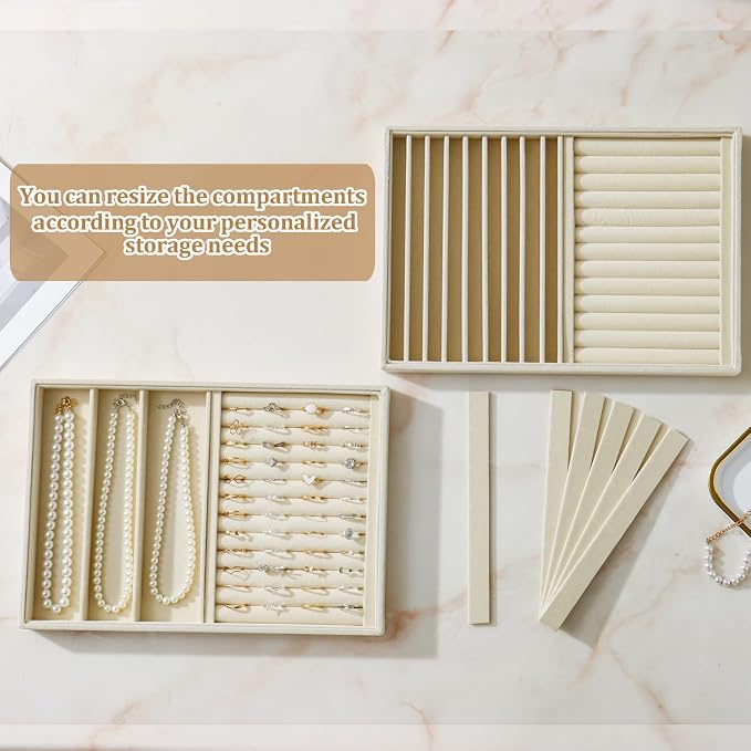 Large Velvet Jewelry Tray 2 Pack Stackable Jewelry Display Drawer Inserts Trays Organizer for Earring Bracelet Necklace Ring (Beige, Ring and 9 Grids) - Image 3