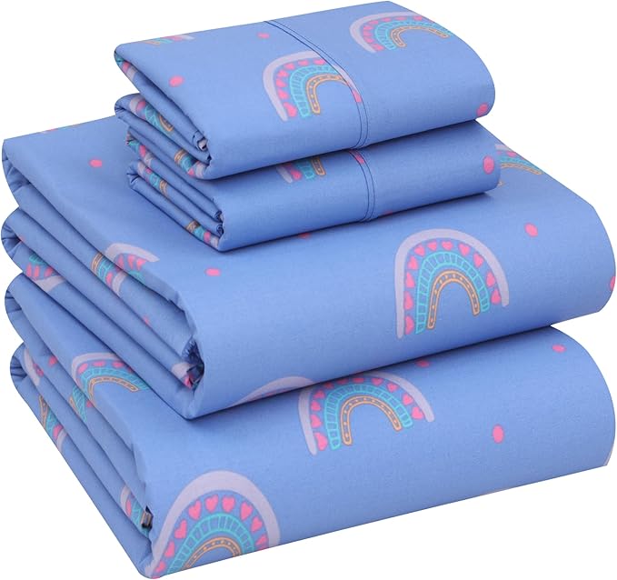 RUVANTI 100% Cotton Sheets – Queen Size Percale Bedding, Cooling & Breathable Floral Design, Durable with a Crisp, Soft & Comfortable Feel, 16" Deep Pocket, 4-Piece Set, Baby Rainbow