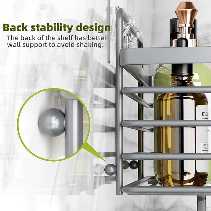 Yougai Shower Caddy, Shower Organizer with Soap Holder and Hooks, Rustproof Shower Shelves, No Drilling Bathroom Organizers and Storage, Wall-Mounted Kitchen & Home Decor (Dark Gray) - Image 5
