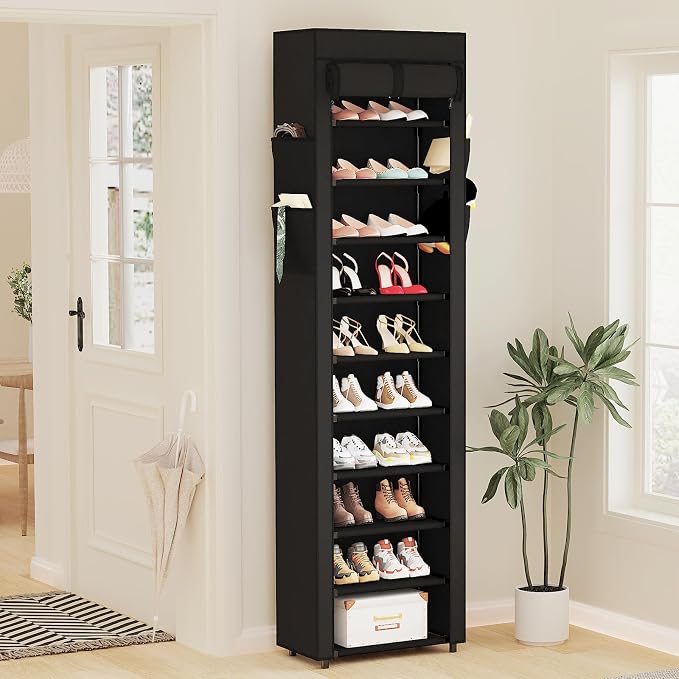 Mavivegue Shoe Rack with Cover, 10 Tier Tall Shoe Organizer for 18-22 Pairs of Shoes, Shoe Organizer with 4 Side Pockets, Shoe Cabinet for Entryway, Closet - Image 8