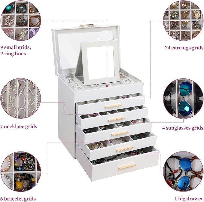 BOOVO Jewelry Boxes for Women, White and Black 6 Layer Large Jewelry Box for Necklace, Bracelet, Earrings, Rings Storage, Jewelry holder Organizer for Girls Gift (Clear White, 6 layer) - Image 5
