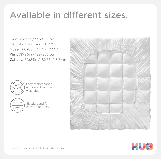 KUB Cotton Mattress Topper, Queen, Cooling Cotton Pillow Top with 8-21 Inch Deep Pocket, 3D Snow Down Alternative Fill, Breathable Fluffy Mattress Pad Cover (White, Queen 80 * 60inch)