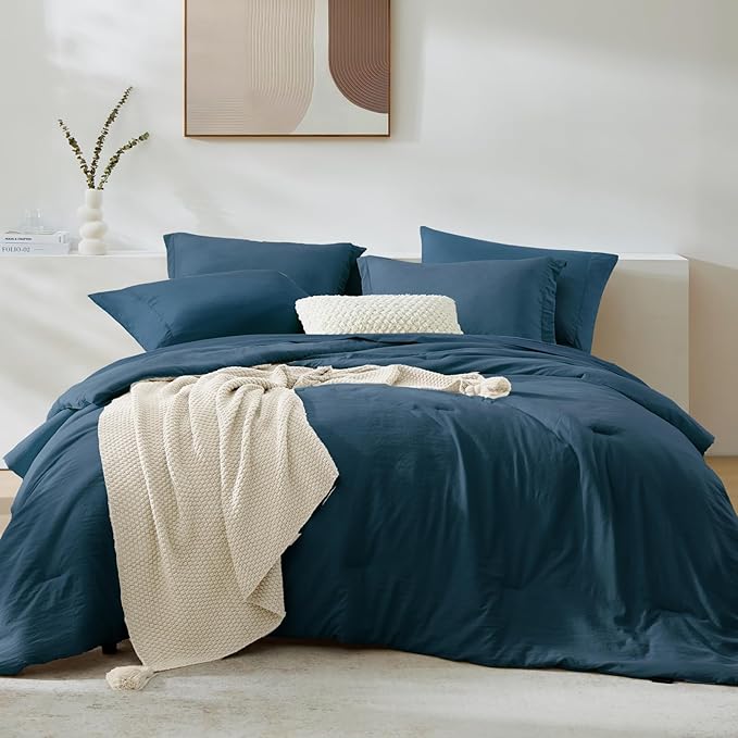 WRENSONGE King Size Comforter Sets- 7 Pieces Soft Serenity Blue Bed in a Bag King with Fitted Sheet, Flat Sheet, 2 Pillow Shams, and 2 Pillowcases-Warm King Bedding Set for All Season