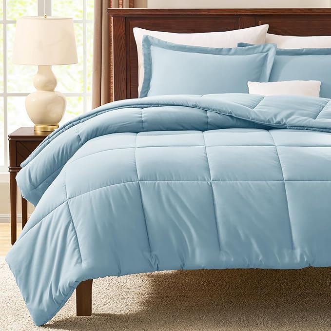CozyLux King Size Comforter Set - Light Blue Comforter King Size, 3 Pieces Box Stitched Bed Set for All Seasons, Soft Lightweight Bedding Sets with 1 Down Alternative Comforter and 2 Pillow Shams