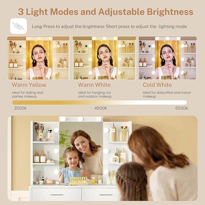 Quimoo 43.3" W Vanity Desk with Mirror and 9 LED Lights, Makeup Vanity with 6 Drawers, 6 Open Shelves, White Vanity for Women Girls, 43.3" W x 13.8" D x 54.3"