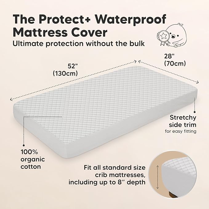2-Pack Waterproof Crib Mattress Protector Cover Fitted - Quiet Baby Crib Mattress Pad Sheets, 52" x 28" Soft Quilted Cotton Baby Sheet, Machine Washable, Easy Fit, Durable (Pearl Gray/Quin)