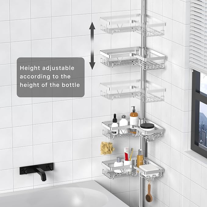 KEGII SUS304 Corner Shower Organizer, Stainless Steel Tension Pole Corner Bathroom Caddy, No Drilling Required Adjustable Shower Shelf for Inside Showers, Silver - Image 2