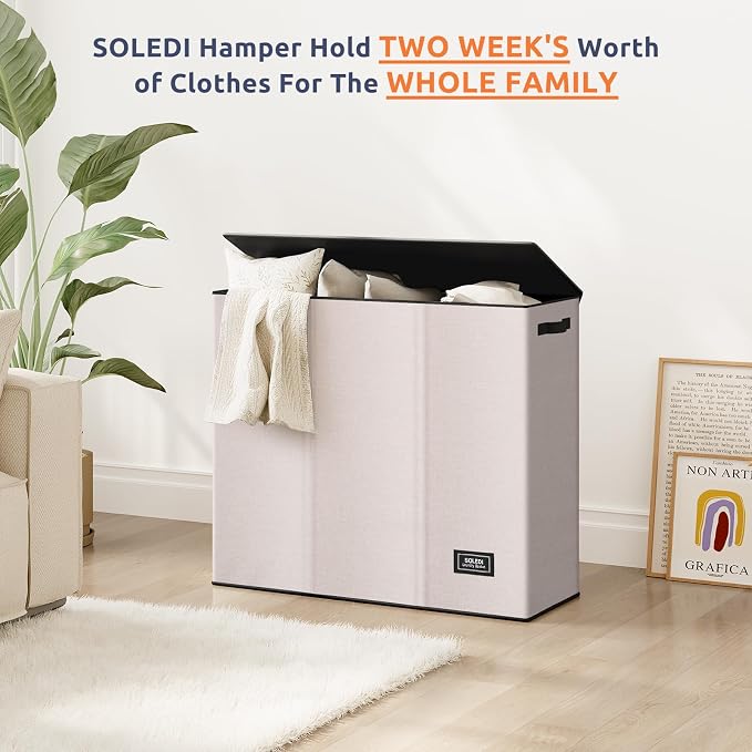 SOLEDI 180L 3-Section Laundry Hamper with Lid, Extra Large Dirty Clothes Basket with Sturdy Handles for Laundry Room & Bedroom - Durable Organizer for Sorting Laundry - Image 7