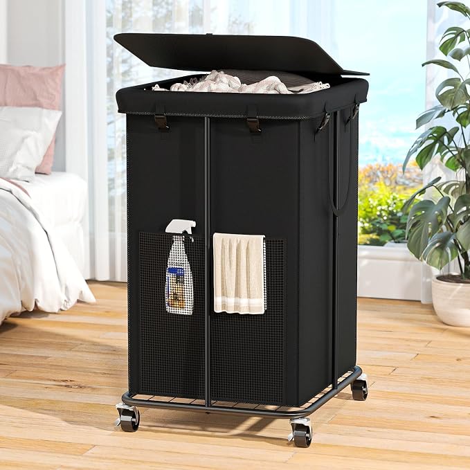 160L Laundry Hamper with Lid, Rolling Laundry Basket with Wheels, Large & Tall Dirty Clothes Hamper with Metal Frame and Removable Bag for Bedroom Aesthetic, Laundry Room, Bathroom, Dorm-Black by OLLDIDE