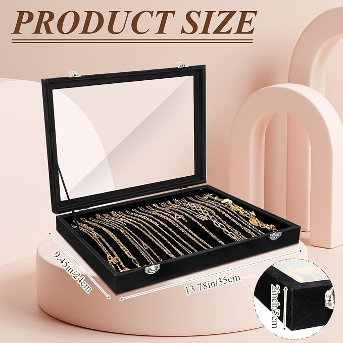 Yinkin 2 Pcs 100 Slots Ring Organizer Box with Transparent Glass Lid Necklace Display Tray Ring Case Velvet Jewelry Holder (Black) - Image 2