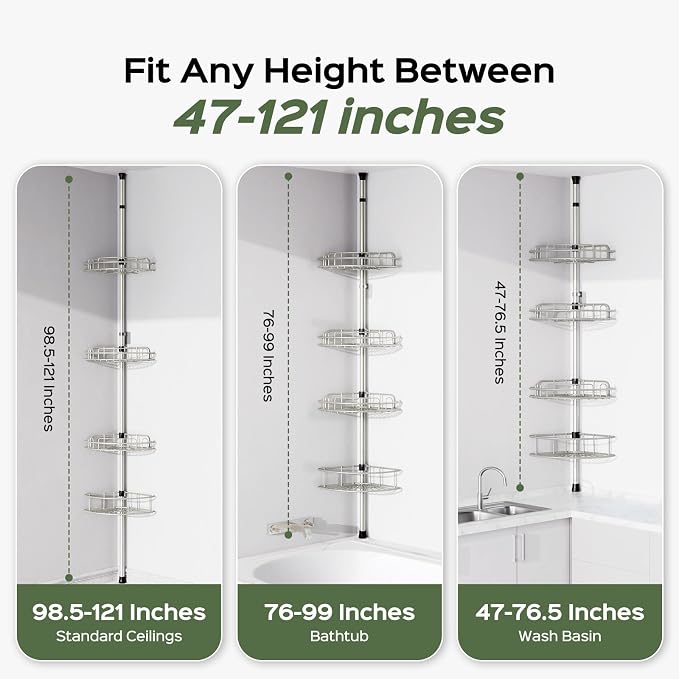 HAMITOR Shower Caddy Tension Pole: 4-Tier Rustproof Bathroom Corner Shelf Organizer for Renter - No Drill Large Shampoo Storage Rack - Adjustable 47-121" - Space Saving Bathtub Accessory - Silver Gray - Image 7