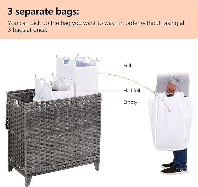 Laundry Hamper with 3 Removable Liner Bags; 132L Handwoven Rattan Laundry Basket with Lid & Heightened Feet; Clothes Hamper with Side Handles; Laundry Sorter with 3 Separate Sections - Image 3