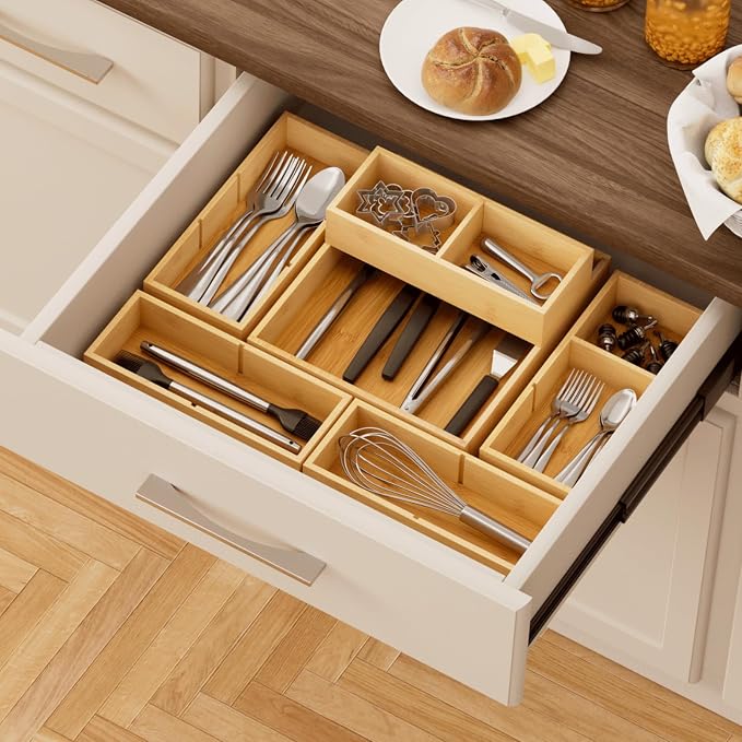Lifewit Drawer Organizers 10 Pack(22 Grid) with 12 Inserts, Adjustable Bamboo Wooden Drawer Dividers, Stackable Storage Box for Utensils, Silverware, Makeup, Junk in Kitchen/Bathroom/Office/Vanity - Image 9