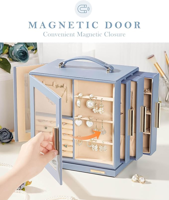 Homde Mothers Day Gifts Jewelry Box 360° Rotating, Necklace Earring Organizer with Transparent Window, Mirror, 7 Drawers, Large Ring Display Storage Case for Girls Women (Grey Blue) - Image 7