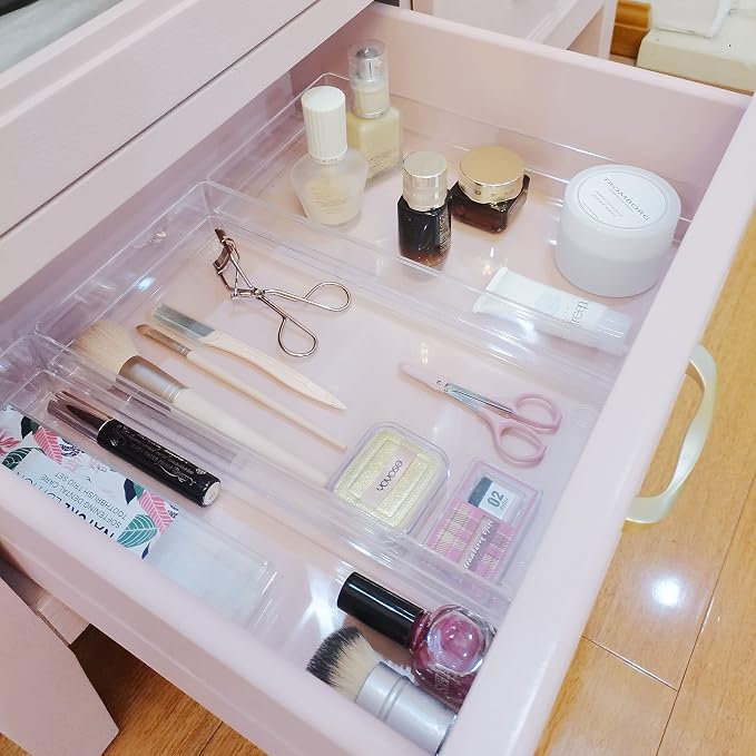 LotFancy Clear Drawer Organizers, 12” x 3” x 2”, Set of 3, Drawer Organizer Trays for Desk, Plastic Storage Bins for Bathroom, Makeup, Utensils, Stackable - Image 5