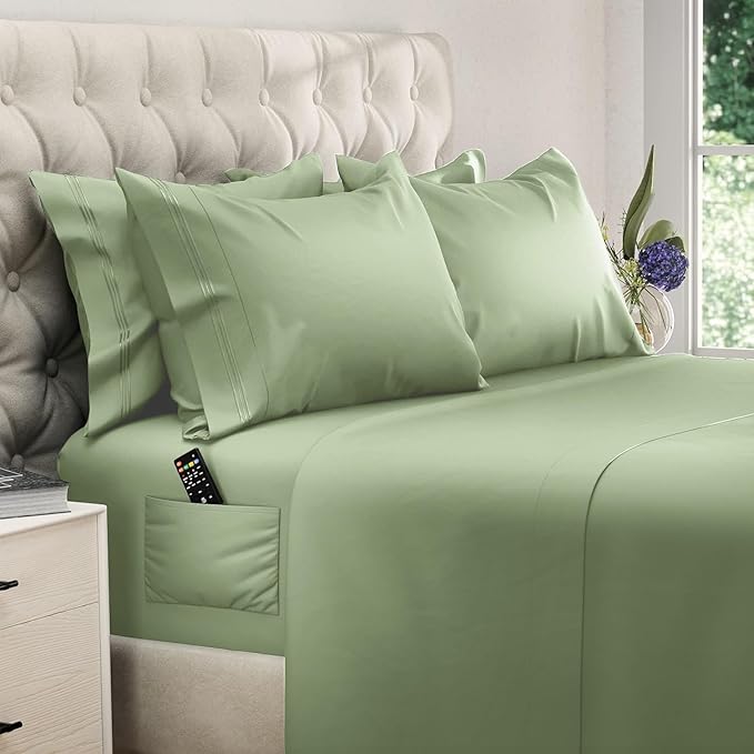 DREAMCARE King Size Sheets Set - 6 pcs Breathable Cooling Bed Sheets - up to 21" Extra Deep Pocket King Sheet Set with Side Pockets -Extra Soft 100% Brushed Hypoallergenic Hotel Luxury Bedding S-Green