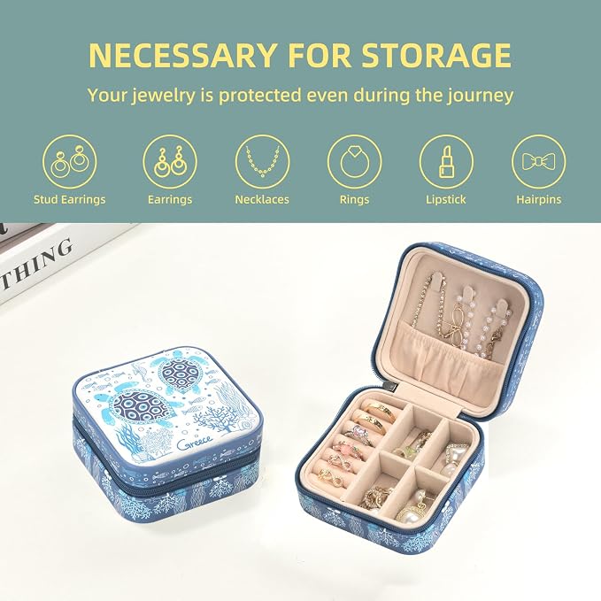 shunmei Mini Travel Jewelry Box,PU Leather Portable Jewelry Organizer Case,Art Accessories Storage Holder Boxes for Earring, Necklace, Rings, Bracelets (Turtle) - Image 4