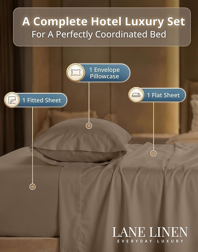LANE LINEN 100% Cotton Sheets Twin Size - 600 Thread Count Sateen Weave for Smooth Feel On Skin - Extra Soft & Breathable Twin Sheet Set for Single Beds - Fits Mattresses Upto 15'' Deep - Taupe
