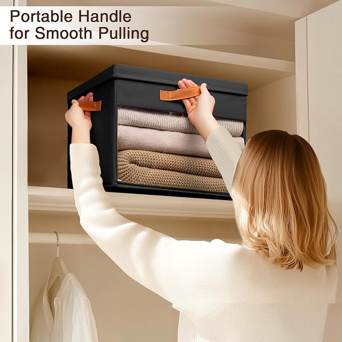 Homsorout Large Storage Bins with Lids - 3 Pack Foldable Decorative Organizers with Clear Windows & Handles, Cube Storage Organizers for Clothes, Blankets, Sweaters, Sheets, Black - Image 4