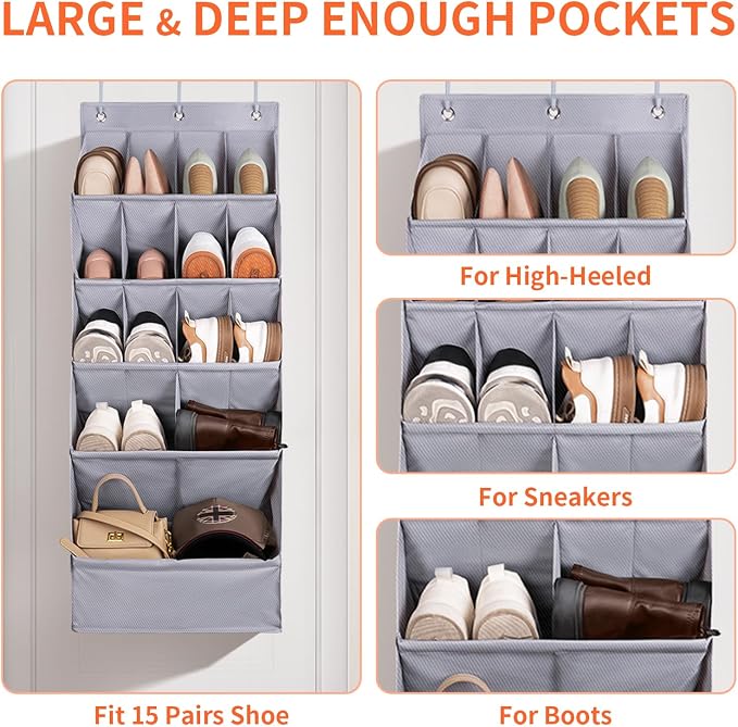 FENTEC 1 Pack Over-the-Door-Shoe-Organizers,Hanging Organizers with Large Pocket Shoe Holder Hanging Shoe Rack for Closet Shoe Organizer for Wall, Over Door Organizer with 15 Pockets Gray - Image 4