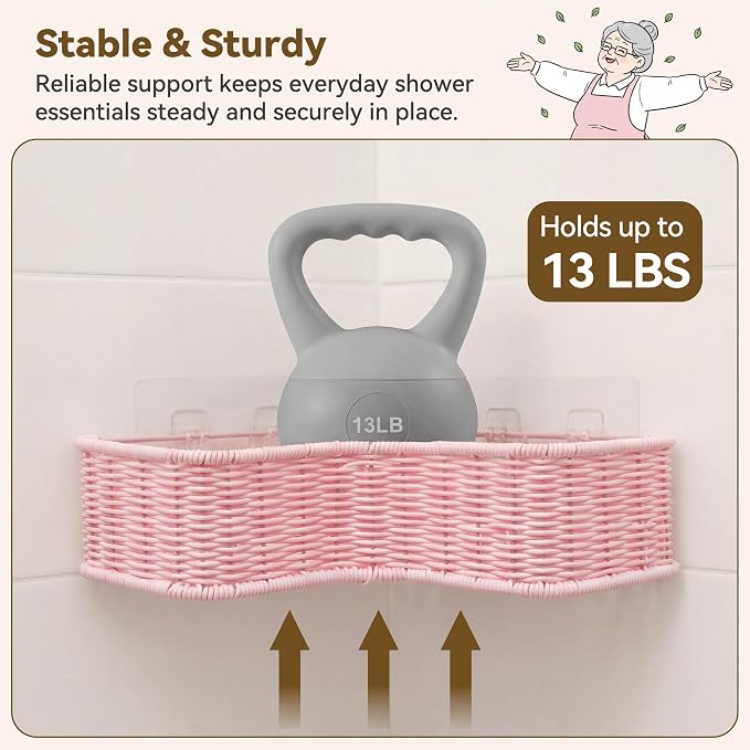GRANNY SAYS 2 Pack Wicker Corner Shower Caddy Hanging, Shower Shelf for Inside Showers, Adhesive Shelves for Bathroom Organizers and Storage, Bathroom Shelves Wall Mounted with 4 Hooks for Decor, Pink - Image 5