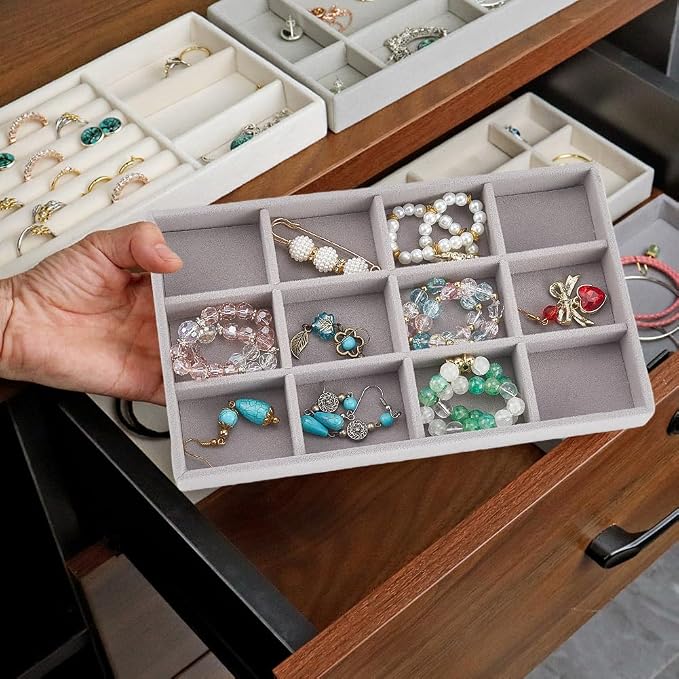 2Pcs 5 x 8.3 Inch Velvet Jewelry Trays Stackable Jewelry Organizer Removable Divider 12 Grids Divided Gray Necklace Storage Container Box Dresser Drawer Case for Earring Ring Display Showcase - Image 6