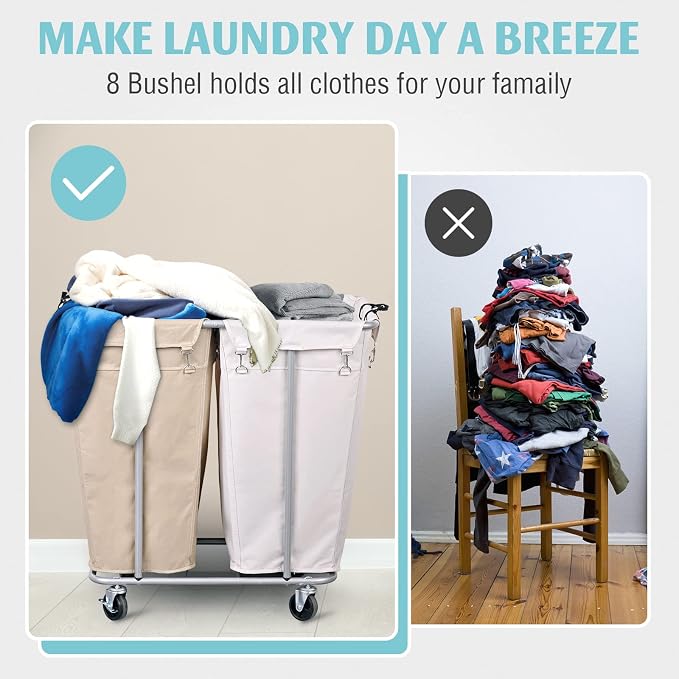 PLKOW Laundry Cart with Wheels 280L Large Laundry Sorter 2 Section for Commercial/Home, Rolling Laundry Cart with Steel Frame and Removable Bag, 8 Bushel, 32.3L x 19.7W x 31.5H Inch - Image 3