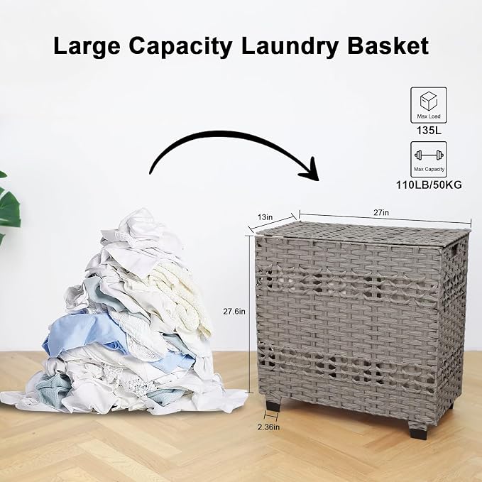 OIAHOMY Laundry Hamper with Lid, 140L Clothes Hamper with 3 Removable Liner Bags, Foldable Basket with Lid, Synthetic Wicker Laundry Basket for Bedroom, 27x 13 x 26 Inches, Grey - Image 3