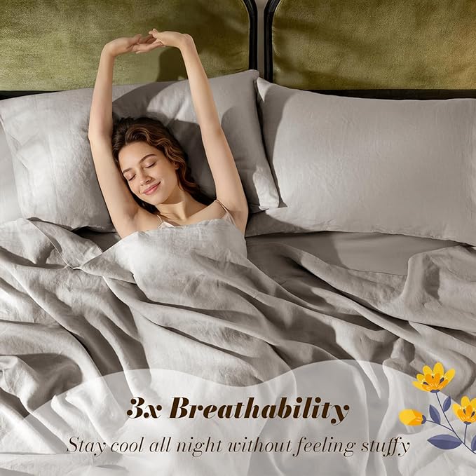 SONORO KATE 100% French Pure Linen Sheets, Breathable and Durable Queen Size Sheets, 16 Inch Deep Pocket - 4 Piece (Mauve Brown)