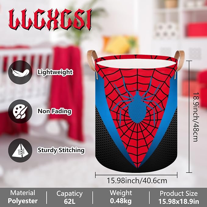 Red Spider Web Large Laundry Hamper Basket, Round Collapsible Storage Organizer Bin for Kids, Boys, Nursery, Closet, Bedroom, Playroom, Toys, Dirty Clothes, 16"W x 20"H - Image 2