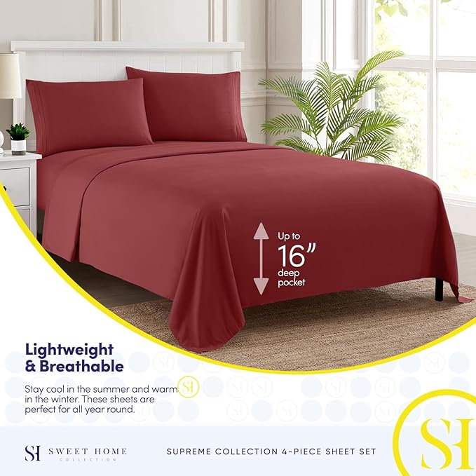 Twin XL Sheets - Breathable Luxury Sheets with Full Elastic & Secure Corner Straps Built In - 1800 Supreme Collection Extra Soft Deep Pocket Bedding Set, Sheet Set, Twin XL, Burgundy