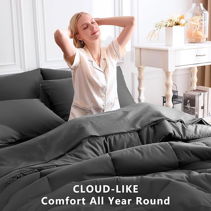 CozyLux Twin Comforter Set with Sheets Dark Grey, 5 Pieces Bed in a Bag, Dark Gray Comforter Twin Size, All Season Bedding Set with Stitch Quilted Comforter, Flat Sheet, Fitted Sheet, Pillowcases